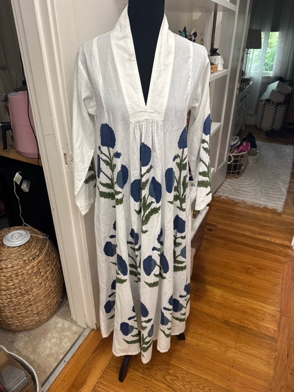 White Maxi Dress with Blue Floral Print